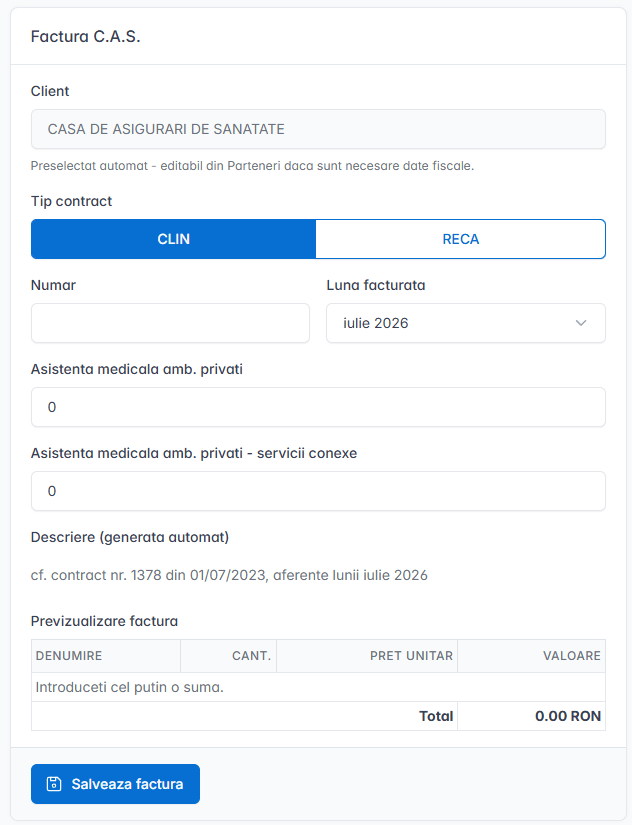 Formular simplificat de facturare pentru cabinet medical, cu doar câteva câmpuri de completat